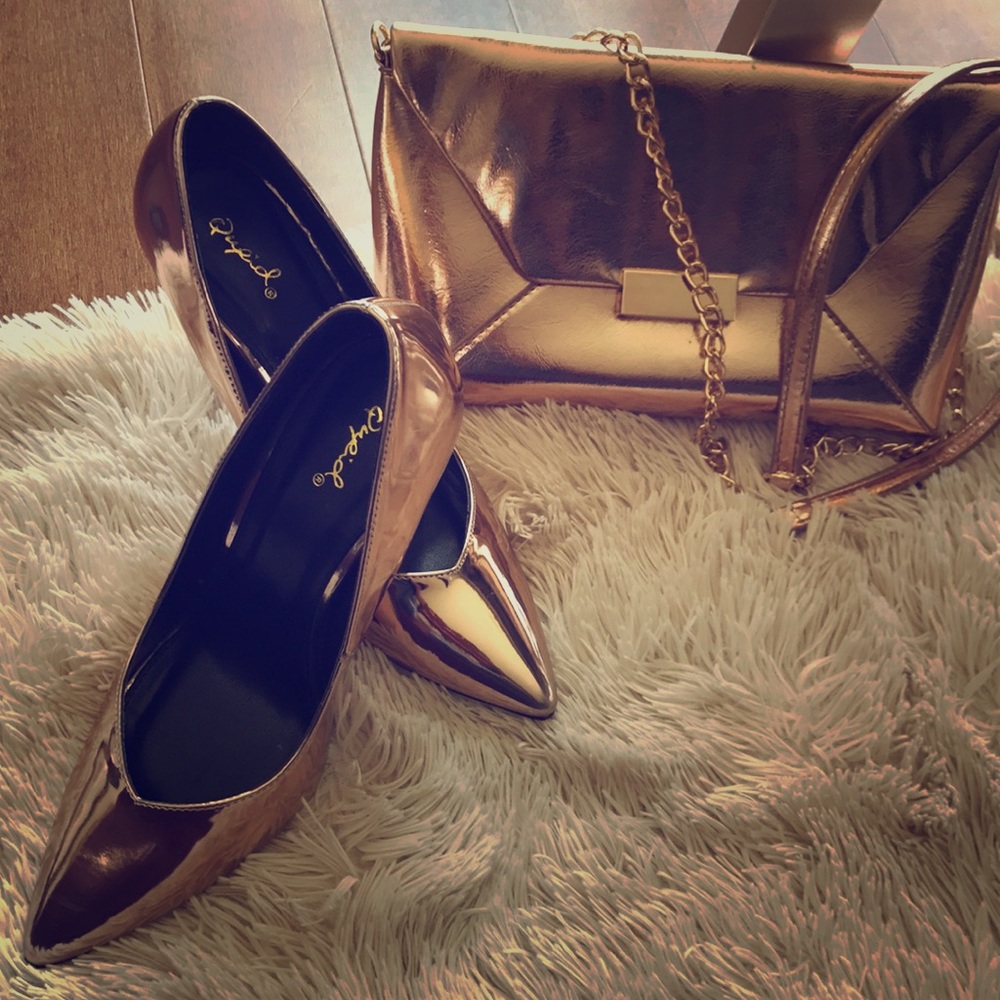 Rose Gold color purse and high heel shoes